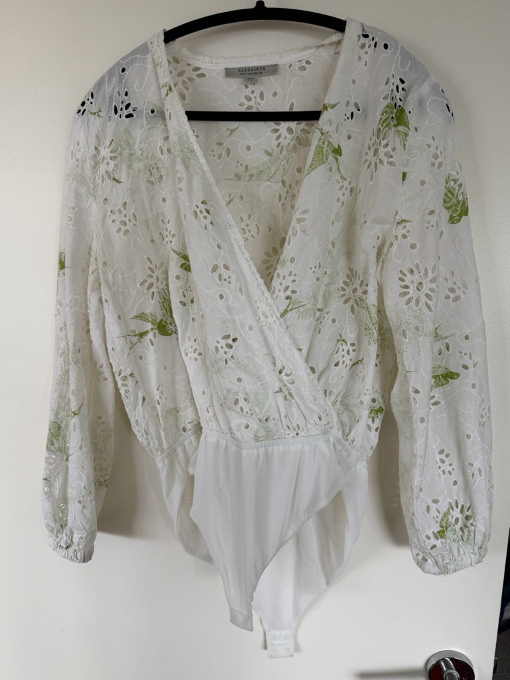 All Saints White Eyelet Wrap Bodysuit with Green Floral Accents size 10